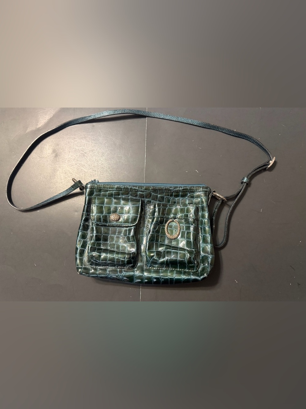 Brighton Cher Croc Embossed Patent Leather Crossbody Shoulder Emerald Handbag